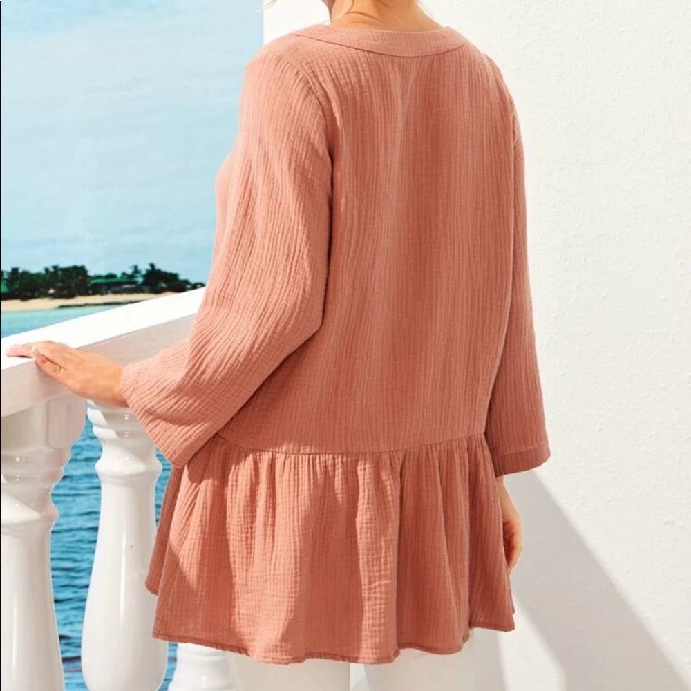 Button front textured fabric peplum shirt - Picture 3 of 3